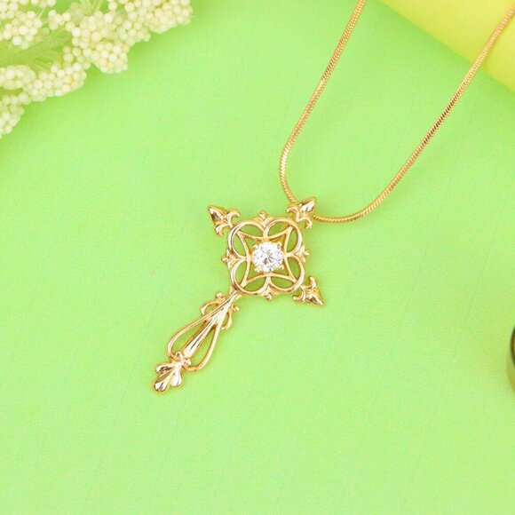 "Ornate Rose Gold Cross Pendant with Intricate Detailing and CZ Center, XPPT1841 - Picture 13 of 13
